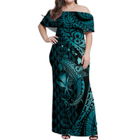 Aloha Hawaii Hammerhead Shark Off Shoulder Maxi Dress Turquoise Kakau and Polynesian Tattoo LT03