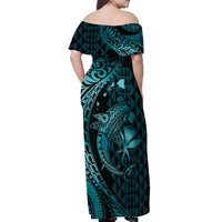 Aloha Hawaii Hammerhead Shark Off Shoulder Maxi Dress Turquoise Kakau and Polynesian Tattoo LT03