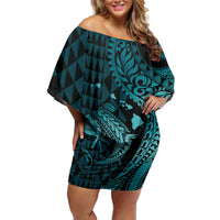 Aloha Hawaii Hammerhead Shark Off Shoulder Short Dress Turquoise Kakau and Polynesian Tattoo LT03