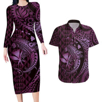Aloha Hawaii Hammerhead Shark Couples Matching Long Sleeve Bodycon Dress and Hawaiian Shirt Purple Kakau and Polynesian Tattoo LT03