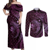 Aloha Hawaii Hammerhead Shark Couples Matching Off Shoulder Maxi Dress and Long Sleeve Button Shirt Purple Kakau and Polynesian Tattoo LT03