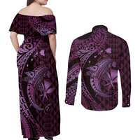 Aloha Hawaii Hammerhead Shark Couples Matching Off Shoulder Maxi Dress and Long Sleeve Button Shirt Purple Kakau and Polynesian Tattoo LT03