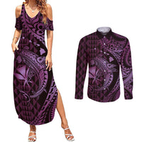Aloha Hawaii Hammerhead Shark Couples Matching Summer Maxi Dress and Long Sleeve Button Shirt Purple Kakau and Polynesian Tattoo LT03