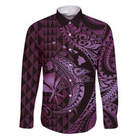 Aloha Hawaii Hammerhead Shark Family Matching Short Sleeve Bodycon Dress and Hawaiian Shirt Purple Kakau and Polynesian Tattoo LT03