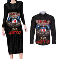 American Samoa Fautasi Couples Matching Long Sleeve Bodycon Dress and Long Sleeve Button Shirt Pago Pago Aeto and Iseula o le Moana of Fagatogo Black Color - Polynesian Pride