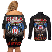 American Samoa Fautasi Couples Matching Off Shoulder Short Dress and Long Sleeve Button Shirt Pago Pago Aeto and Iseula o le Moana of Fagatogo Black Color - Polynesian Pride