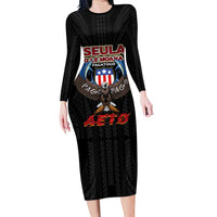 American Samoa Fautasi Family Matching Long Sleeve Bodycon Dress and Hawaiian Shirt Pago Pago Aeto and Iseula o le Moana of Fagatogo Black Color - Polynesian Pride