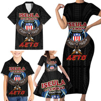 American Samoa Fautasi Family Matching Short Sleeve Bodycon Dress and Hawaiian Shirt Pago Pago Aeto and Iseula o le Moana of Fagatogo Black Color - Polynesian Pride