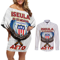 American Samoa Fautasi Couples Matching Off Shoulder Short Dress and Long Sleeve Button Shirt Pago Pago Aeto and Iseula o le Moana of Fagatogo White Color - Polynesian Pride