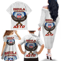 American Samoa Fautasi Family Matching Off The Shoulder Long Sleeve Dress and Hawaiian Shirt Pago Pago Aeto and Iseula o le Moana of Fagatogo White Color - Polynesian Pride