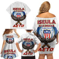 American Samoa Fautasi Family Matching Off Shoulder Short Dress and Hawaiian Shirt Pago Pago Aeto and Iseula o le Moana of Fagatogo White Color - Polynesian Pride