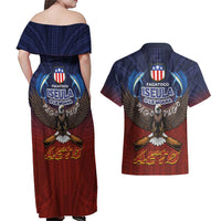 American Samoa Fautasi Couples Matching Off Shoulder Maxi Dress and Hawaiian Shirt Pago Pago Aeto and Iseula o le Moana of Fagatogo Red-Blue - Polynesian Pride