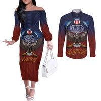 American Samoa Fautasi Couples Matching Off The Shoulder Long Sleeve Dress and Long Sleeve Button Shirt Pago Pago Aeto and Iseula o le Moana of Fagatogo Red-Blue - Polynesian Pride
