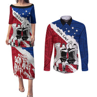 Samoa Rugby Couples Matching Puletasi Dress and Long Sleeve Button Shirts Siva Tau Dance Polynesian Tattoo Brush Style LT03 Red - Polynesian Pride