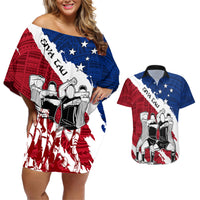 Custom Samoa Rugby Couples Matching Off Shoulder Short Dress and Hawaiian Shirt Siva Tau Dance Polynesian Tattoo Brush Style LT03 Red - Polynesian Pride