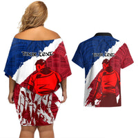 Custom Samoa Rugby Couples Matching Off Shoulder Short Dress and Hawaiian Shirt Siva Tau Dance Polynesian Tattoo Brush Style LT03 - Polynesian Pride