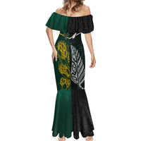 South Africa and New Zealand Mermaid Dress King Protea and Silver Fern Mix Culture Pattern LT03 - Polynesian Pride