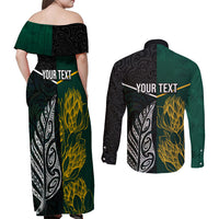 Personalised South Africa and New Zealand Couples Matching Off Shoulder Maxi Dress and Long Sleeve Button Shirt King Protea and Silver Fern Mix Culture Pattern LT03 - Polynesian Pride