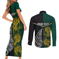 Personalised South Africa and New Zealand Couples Matching Short Sleeve Bodycon Dress and Long Sleeve Button Shirt King Protea and Silver Fern Mix Culture Pattern LT03 - Polynesian Pride