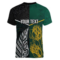 Personalised South Africa and New Zealand Women V Neck T Shirt King Protea and Silver Fern Mix Culture Pattern LT03 - Polynesian Pride