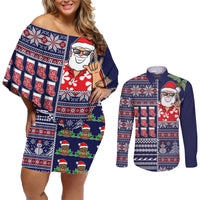 Hawaii Mele Kalikimaka Couples Matching Off Shoulder Short Dress and Long Sleeve Button Shirt Aloha and Christmas Elements Patchwork Blue Style LT03 Blue - Polynesian Pride