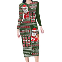 Hawaii Mele Kalikimaka Long Sleeve Bodycon Dress Aloha and Christmas Elements Patchwork Green Style LT03 Long Dress Green - Polynesian Pride
