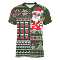 Hawaii Mele Kalikimaka Women V Neck T Shirt Aloha and Christmas Elements Patchwork Green Style LT03 Female Green - Polynesian Pride