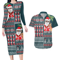 Hawaii Mele Kalikimaka Couples Matching Long Sleeve Bodycon Dress and Hawaiian Shirt Aloha and Christmas Elements Patchwork Turquoise Style LT03 Turquoise - Polynesian Pride