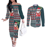 Hawaii Mele Kalikimaka Couples Matching Off The Shoulder Long Sleeve Dress and Long Sleeve Button Shirt Aloha and Christmas Elements Patchwork Turquoise Style LT03 Turquoise - Polynesian Pride