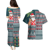Hawaii Mele Kalikimaka Couples Matching Puletasi Dress and Hawaiian Shirt Aloha and Christmas Elements Patchwork Turquoise Style LT03 - Polynesian Pride