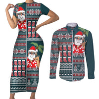Hawaii Mele Kalikimaka Couples Matching Short Sleeve Bodycon Dress and Long Sleeve Button Shirt Aloha and Christmas Elements Patchwork Turquoise Style LT03 Turquoise - Polynesian Pride