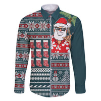 Hawaii Mele Kalikimaka Family Matching Off Shoulder Short Dress and Hawaiian Shirt Aloha and Christmas Elements Patchwork Turquoise Style LT03 Dad's Shirt - Long Sleeve Turquoise - Polynesian Pride