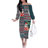 Hawaii Mele Kalikimaka Off The Shoulder Long Sleeve Dress Aloha and Christmas Elements Patchwork Turquoise Style LT03 Women Turquoise - Polynesian Pride