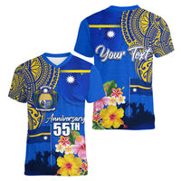 Personalised Nauru Independence Day Women V Neck T Shirt Nauruan Tribal Flag Style LT03 - Polynesian Pride