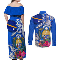 Personalised Nauru Coat of Arms Couples Matching Off Shoulder Maxi Dress and Long Sleeve Button Shirt Tropical Flower Polynesian Pattern LT03 - Polynesian Pride