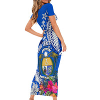 Personalised Nauru Coat of Arms Short Sleeve Bodycon Dress Tropical Flower Polynesian Pattern LT03 - Polynesian Pride