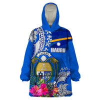 Personalised Nauru Coat of Arms Wearable Blanket Hoodie Tropical Flower Polynesian Pattern LT03 One Size Blue - Polynesian Pride