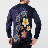 Hawaiian Turtles and Plumeria Button Sweatshirt Polynesian Art Tribal Tattoo Dark Aqua Color LT03 - Polynesian Pride