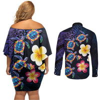 Hawaiian Turtles and Plumeria Couples Matching Off Shoulder Short Dress and Long Sleeve Button Shirt Polynesian Art Tribal Tattoo Dark Aqua Color