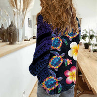 Hawaiian Turtles and Plumeria Women Casual Shirt Polynesian Art Tribal Tattoo Dark Aqua Color