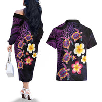Hawaiian Turtles and Plumeria Couples Matching Off The Shoulder Long Sleeve Dress and Hawaiian Shirt Polynesian Art Tribal Tattoo Deep Violet Color
