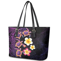 Hawaiian Turtles and Plumeria Leather Tote Bag Polynesian Art Tribal Tattoo Deep Violet Color