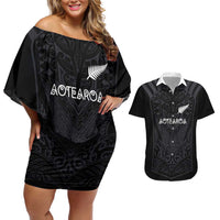 Custom Aotearoa Rugby Couples Matching Off Shoulder Short Dress and Hawaiian Shirt The Blacks-Sporty T90 Style LT03 Black - Polynesian Pride