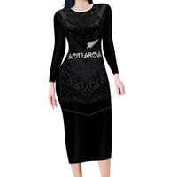 Custom Aotearoa Rugby Long Sleeve Bodycon Dress The Blacks-Sporty T90 Style LT03 Long Dress Black - Polynesian Pride