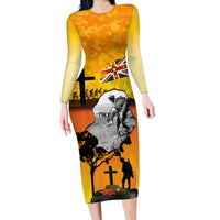 Niue ANZAC Day Family Matching Long Sleeve Bodycon Dress and Hawaiian Shirt Soldier and Gallipoli Lest We Forget LT03 Mom's Dress Yellow - Polynesian Pride