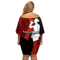 Tonga ANZAC Day Off Shoulder Short Dress Red Poppies Flower Soldier Lest We Forget LT03 - Polynesian Pride