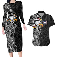American Samoa Flag Day Couples Matching Long Sleeve Bodycon Dress and Hawaiian Shirt Tribal Tattoo with Eagle Black