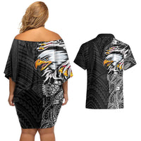 American Samoa Flag Day Couples Matching Off Shoulder Short Dress and Hawaiian Shirt Tribal Tattoo with Eagle Black