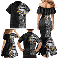 American Samoa Flag Day Family Matching Mermaid Dress and Hawaiian Shirt Tribal Tattoo with Eagle Black