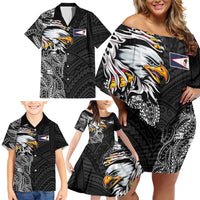 American Samoa Flag Day Family Matching Off Shoulder Short Dress and Hawaiian Shirt Tribal Tattoo with Eagle Black